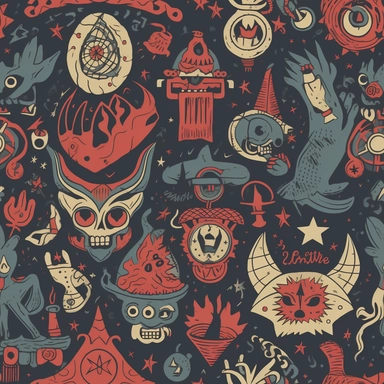 Comical Occult Creatures: Design a pattern that showcases the lighter side of satanic creatures and symbols using a humorous clipart style. Focus on capturing the amusing characteristics of characters like Baphomet wearing a party hat, a skateboarding demon, or a vampire sipping a cocktail. Employ a diverse range of colors, from dark, moody shades to vibrant, eye-catching hues, to create a visually captivating and entertaining composition.