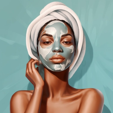 clipart of latina african american woman with spa face mask on, sitting in a spa, hyperrealistic