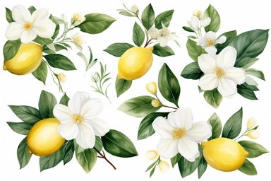 Watercolor clipart collection of matching and coordinating white flowers, lemons and green leaves, isolated elements on a white background with a wide margin