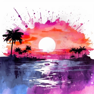 Futuristic Grey Black Purple Watercolor Paintsplash Beach Ocean Retro Sunset Clipart Colorful and white Background