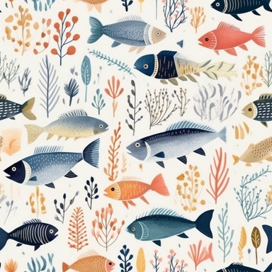 watercolor underwater animals clipart, minimalist, cute fish, scandinavian style, childish digital pattern, dust blue, cream, brown, pastel color palette, hd,