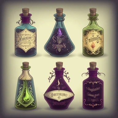 seamless realistic clipart image of gothic magic potion bottles could be a set of 6-8 hand-drawn pencil illustrations of various sizes and shapes of glass bottles with different colored liquids inside. Each bottle could have its own label indicating its name and purpose, such as Love Potion #9, Invisibility Elixir, Strength Tonic, Youth Serum, and so on. The labels could be designed with intricate calligraphy or spooky handwriting, and each bottle could have unique embellishments such as cork st