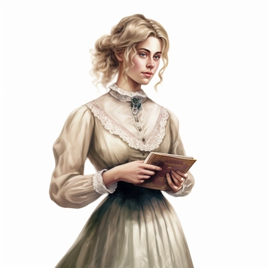 a watercolor of a realistic blonde holding a vintage book, victorian style, vector free clipart illustration, in the style of unreal engine 5, 32k uhd, detailed features, white background