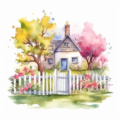 clipart, isolated on white background, beautiful cute Watercolor Spring Cottage - cute little house with fence and chimney, tree and flowers, ornated, vivid and saturated colors