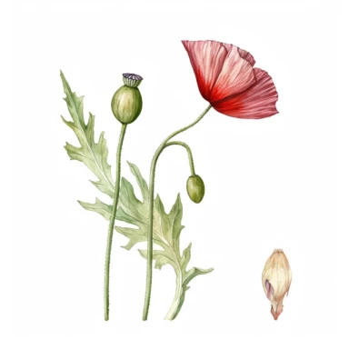 Watercolor of tall slender micro dainty poppy leaves on a single stem with closed poppy seed head. Ikebana red poppy, leaves typically have a distinctive elongated shape with a pointed tip, and are deeply lobed or dissected. The lobes are typically rounded or toothed, and may be arranged alternately or opposite each other along the stem. Floral Clipart, poppy, Minimalist Flowers Watercolor, Ikebana Clipart, Separated design
