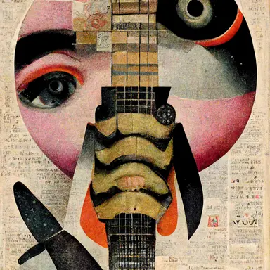 Punk Rock DaDA Surrealism Collage Art as illustrated by Hannah Hoch, DaDa+Surrealism, Ultra-HD, include picture cutouts of feet+guitars+newspaper clipppings