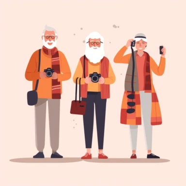 senior people learn to take photos , very simple flat-style clipart design, simple color theme