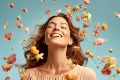 enthusiastic female model gesturing emotionally presenting woman concept with grateful feelings, half body portrait, flying flowers, petals up, hint of color, bright clothes, solid background, negative space composition, studio lighting, professional photo, high quality film photography, realistic skin texture with very high detail, attractive advertising clipart