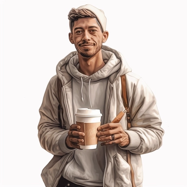guy with latte, in the style of realistic and hyper-detailed renderings, sketchfab, ahmed morsi, realistic paintings, use of common materials, handcrafted designs clipart tan and silver with white background