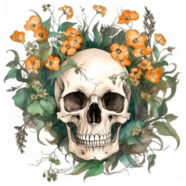 Clipart, flowers, plants and branches come out of the skull, deep shadows, watercolor, gothic, dark orange and marsh green, vintage style, white background