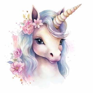 cute girly baby unicorn clipart, watercolor style, hyper realistic, detailed, white background