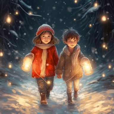 christmas eve, 2 happy children walking in Narnia, twinkling lights, Disney style of drawing, clipart