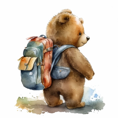 Watercolor brown fluffy jointed plain Teddy Bear clipart, stood up, wearing a kids backpack, happy, white back ground, no captions or text