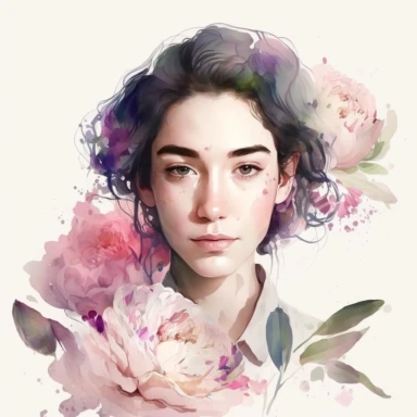 Jewish girl, Israel, face front, peonies around, pastel colors, white background, watercolor splash, fashion illustration, clipart, by Jack Hughes