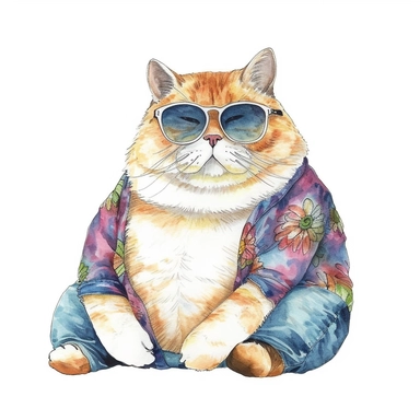 watercolor cozy watercolor clipart artwork of fat cat with sunglasses, hd white background