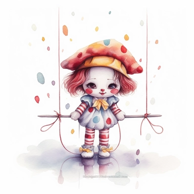 Chibi super cute clown walking a tight rope with an umbrella for balance clip art, no watermark, no signature, no text, white background, watercolour, hyperrealism, no text, high detail, individual elements
