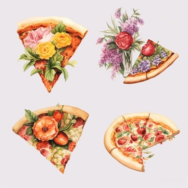 4 watercolor cliparts of neoclassical slice pizza with flowers integrated on it, yaka art, Hyperrealistic still life, aurorapunk, 1990s, appropriation artist, hellenistic art