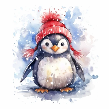 A lovable penguin wearing a Santa hat and a big smile, standing on an icy surface, surrounded by snowflakes and a snowy backdrop, ornamental watercolor clipart
