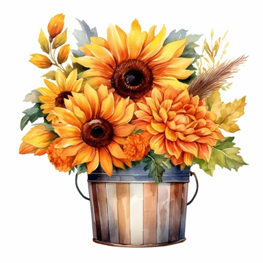 romantic clip art orange sunflower flowers is shown in a watercolor style, gentle strokes, vintage, in a wooden bucket, in a bouquet, yellow and dark yellow petals, isolated on a white background, fairytale-inspired