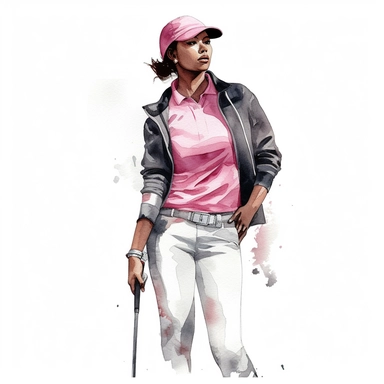 Idyllic watercolor clipart of a young black modern female golfer with dark hair in white and pink close-fitting sports golf clothes standing upright taking a golf shot, isolated on a pure white background, insane detail,