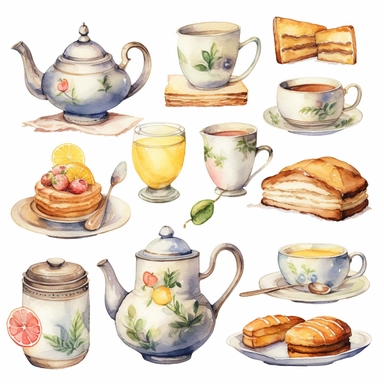 Watercolor vintage tea party items, illustrations clipart set, simple, soft colors, cartoon elements, different variants, teapot, sugar bowl, jug of milk, egg sandwich, stacked china plates, cake stand, china cup and saucer, ,napkin, , , knife,fork,jam, tea cups, stacked teacups, lemon dish, ,, tea jars ,knie, fork, spoon, butter, ,silver , napkin,separate elements with a margin