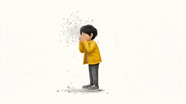 clipart illustration of the full body side profile of a child in the middle of a big sneeze. nasal droplets projecting from nose and mouth.