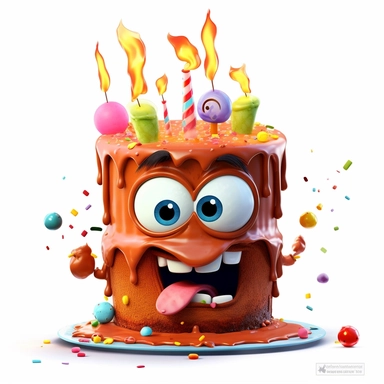 clipart of a messy two layer birthday cake, there is a funny face in the cake, candles, cartoon, for kids, funny, pixar, 8k, white background, sharp focus, detailed,