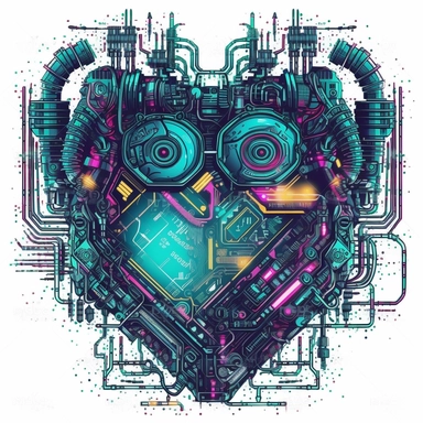 futuristic cyberpunk A mechanical heart with bright circuits and pulsating lights, neon colors, clipart, cartoon style, grunge effect, schematic, pastel color palette, gamer item, very high quality, perfect details, ultra clear lines, isolated on white background