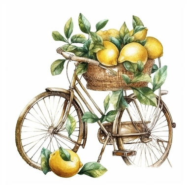 realistic bicycle with a basket full of lemons with leaves, vintage, very detailed, hipster style cafe, white background, still life photography, food photography, dessert photography, dreamy, clipart, watercolor illustration style