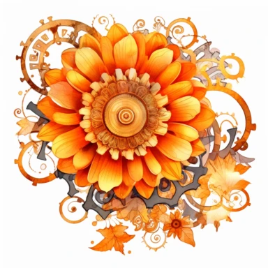 clipart white background of a fantastical steampunk marigold with cogwheel patterns on its vibrant orange petals, watercolor