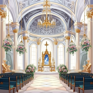 clipart Regency period interior church prepared for wedding