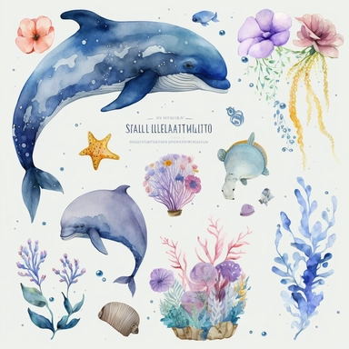 Watercolor, Sea, Animal, Marine, Ocean, watercolor exotic fish, jellyfish, starfish, dolphin, watercolor clipart, flowers, watercolor clipart, baby shower, transparent background, png, high detail, 8k - d, 32k