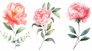Watercolor flowers. Pink red blush peony set. Floral bouquet clipart. Garden roses with greenery illustration isolated on white background