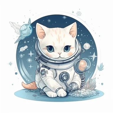 Cute Fairy tale astro cat in form of clipart on the background - A plucky feline astronaut who wears a spacesuit with a fishbowl helmet. Astro Cat has sharp claws and keen senses, making her a valuable member of the team.