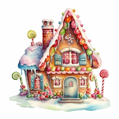 watercolor beautiful vintage Christmas gingerbread house candy house with icing fantasy clipart, whimsical, detailed watercolor style, on white background