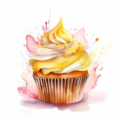 splash art watercolor clipart of a gorgeous pastel cupcake, empire yellow color, good composition, isolated white background, 16k