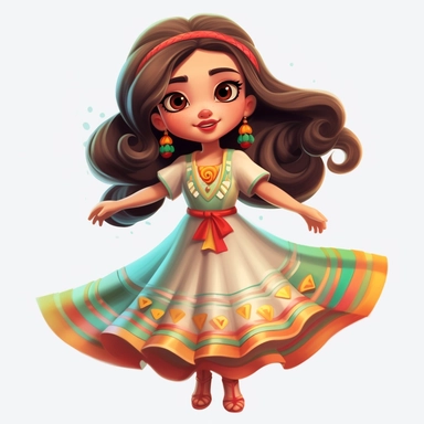 Beautiful mexican style girl, happy dancing, with beautiful eyes and beautiful smile, disney style, full body,on white background, big eyes, clipart, cartoon, inkley studio, smiling, outlines, charming anime characters Thomas Kinkade Nadja Baxter Anne Stokes Nancy Noel