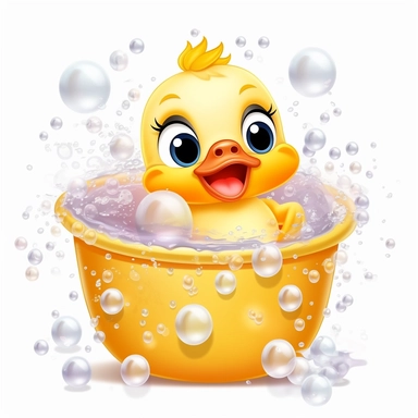 clipart, cute kawaii baby duck in a bathtub of full of bubbles, isolated on a white background, cartoon style, chibi style, vector, 3D, no shadows