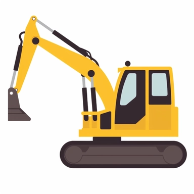 a yellow colored excavator clipart, flat vector style for kids, isolated on a white background, in the style of simplified shapes, minimal colors, maximum of 5 colors, cut-out silhouettes,