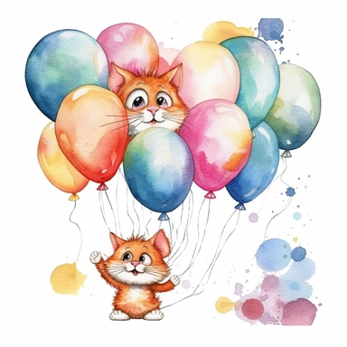 flying cat tied to a balloon clipart, balloons lined up side by side clipart , party balloons clipart, birthday party centerpiece, watercolor clipart