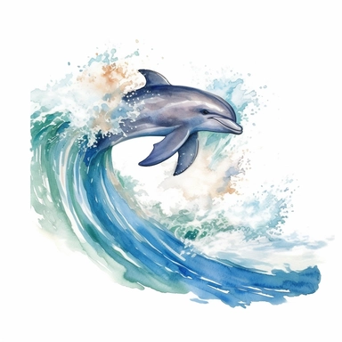 Watercolor hand-drawn dolphin illustration - jumping up from the foamy ocean wave, playful, happy mammal. Character, logo, children wallpaper, doodle, cartoon. Marine clip art. Ocean, sea inhabitant. White Background