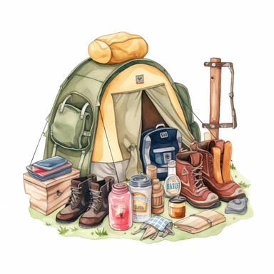 watercolor, Camping gear collage on white background png Full body realistic cartoon in 32K UHD cute. 15 cm thick outline. Black color. There was no shadow on the ground. 8k with realistic watercolors and detailed illustrations. PNG clipart, transparent white background