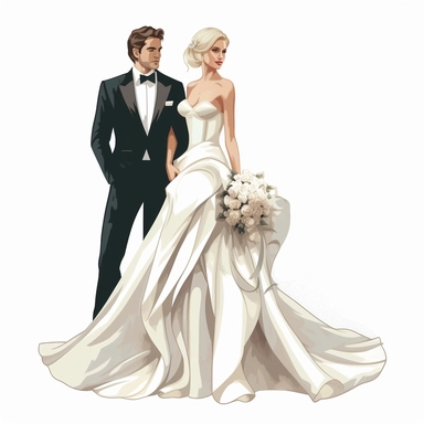 Bride and groom full body, fancy bride dress, high level of detail, vector clipart, white background