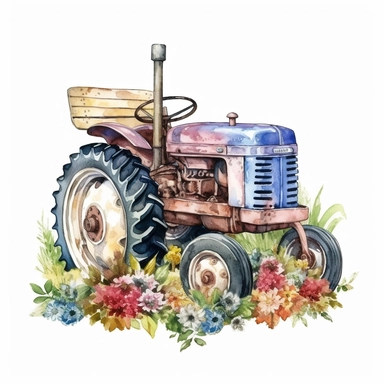 Vintage florist's farm tractor drawn in watercolor, vector design, cutout, Sublimation Clipart, Cartoon, hyper realistic, intricate detail, illustration style, high solution, isolated on the white background