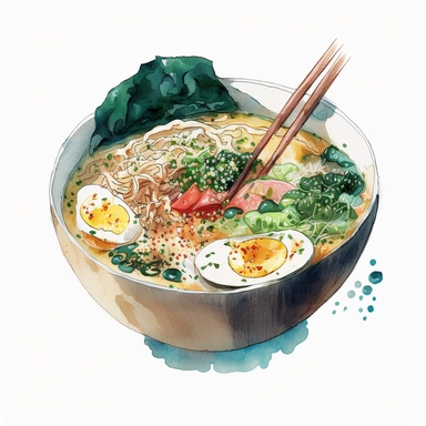 an bowl of japanese ramen, anime art, authentic ramen, watercolor, white background, clipart