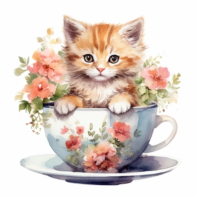 watercolor cute cat sitting inside a teacup, flowers, pastel colors, high quality, clipart, white background