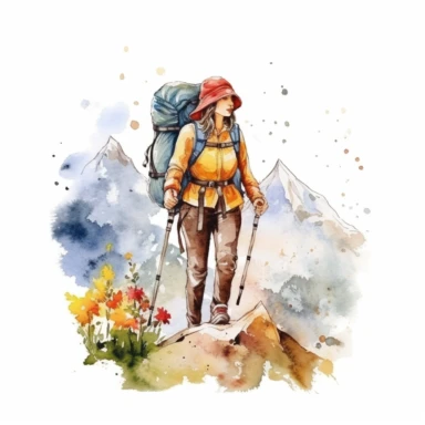 watercolor hiking girl on mountain clipart, isolated on white background