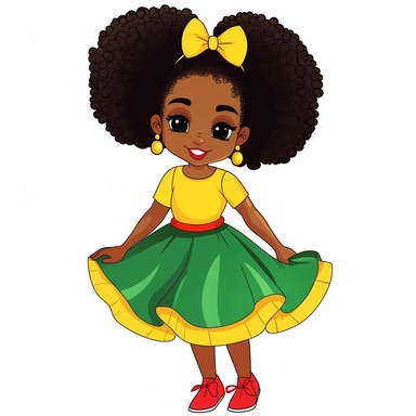 a happy Little Black Girl with green, yellow and red clothes, long skirt, 2 afro puffs, flat vector clipart