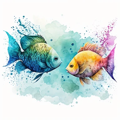 2 beautiful fishes meeting at the bottom of the ocean floor, vibrant colors, watercolor style, clipart, white background