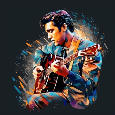 portrait view, full view, beautiful bright colors, beautiful image of Elvis Presley with guitar and microphone, romantic, fantasy, sharp focus, high detail, 8k illustration clipart style, transparent background, (--iw 8)